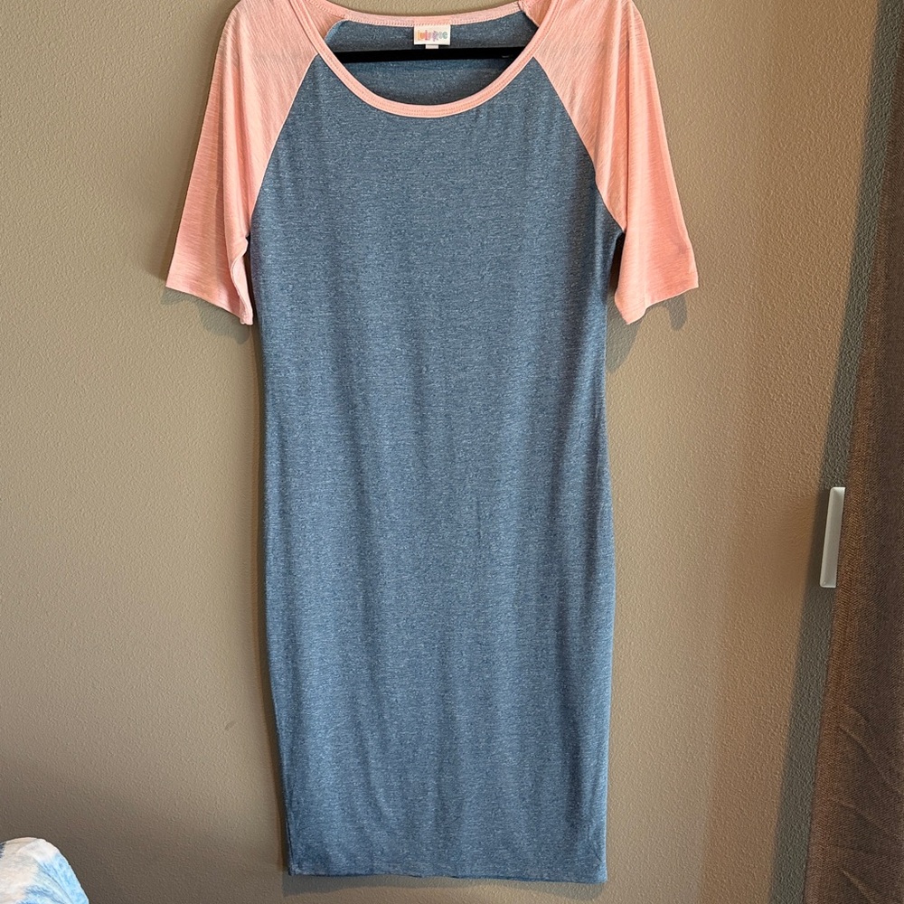 LuLaRoe Heather Blue Midi Dress with Peach Raglan Sleeves